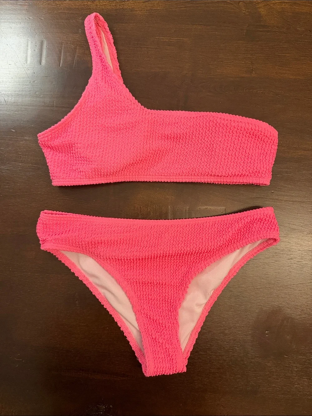 One-Shoulder Textured Pink Bikini Set